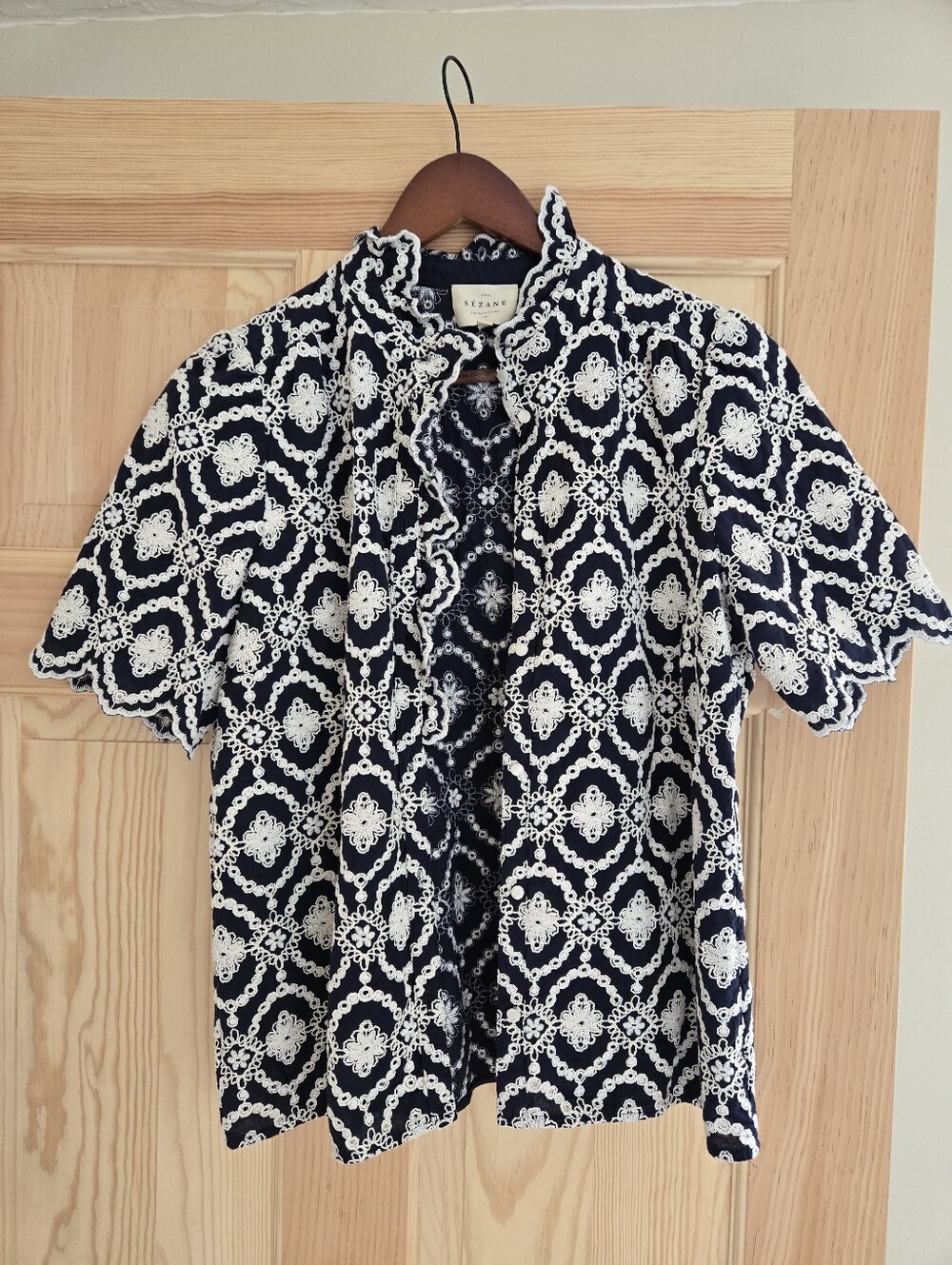 Sézane Dahlia Blouse Women's US 6 EU 38 Marine Blue Ecru Embroidered Top